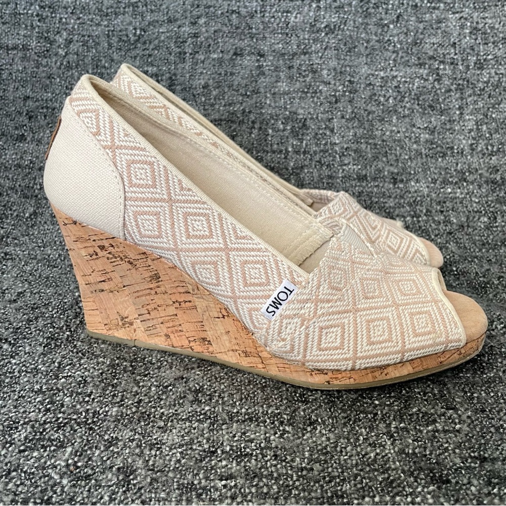Toms Stella Peep Toe Wedge Tan Ivory Diamonds Cork Woven Fabric Women’s W8.5
